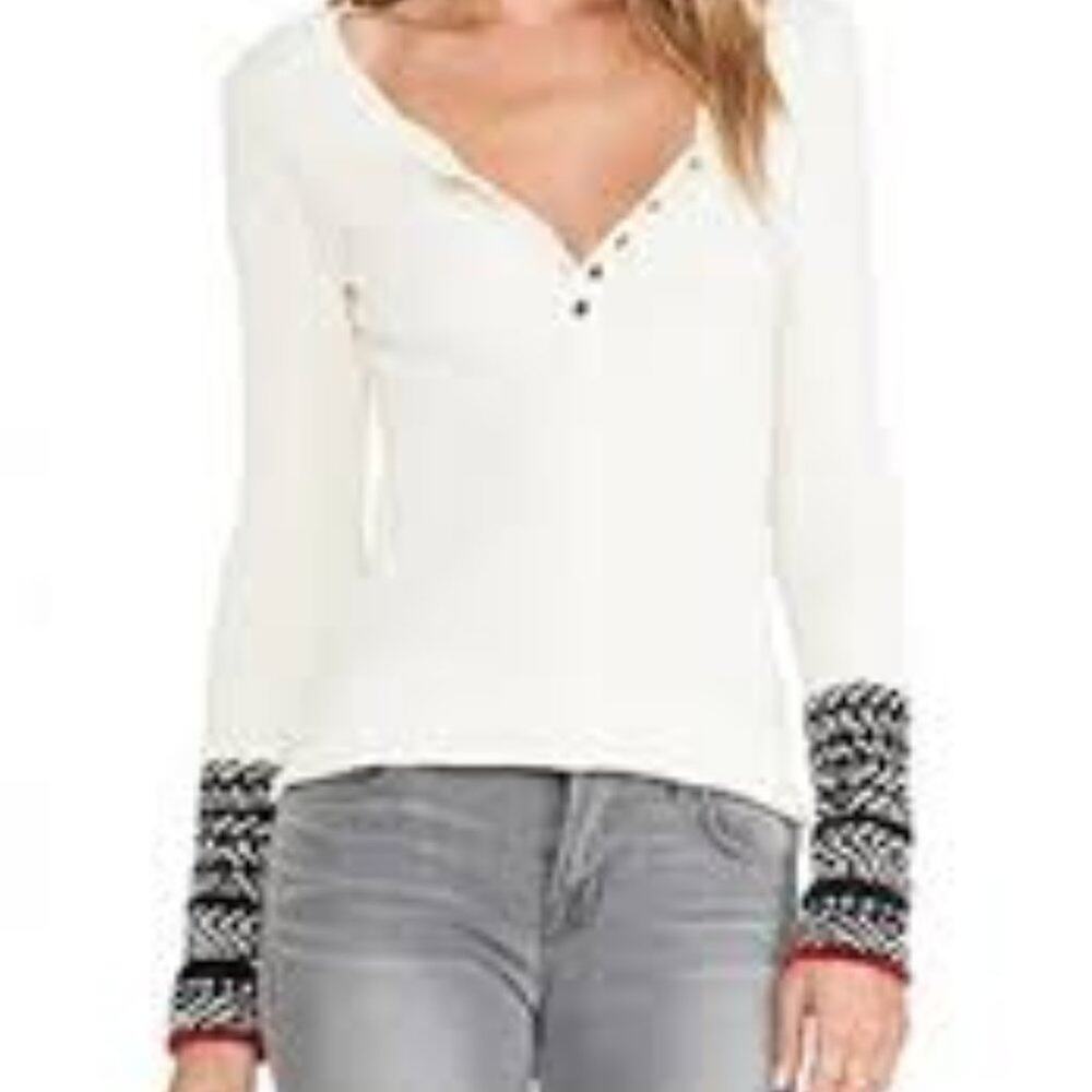 Free People White Long Sleeve Top with Black Patterned Cuffs